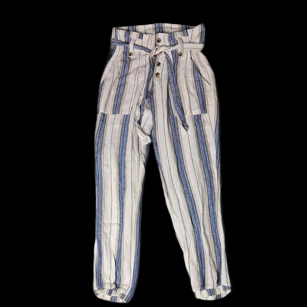 Indigo Rein Linen Blend Pants Womens Size Small White and Blue Stripes Belt Tie